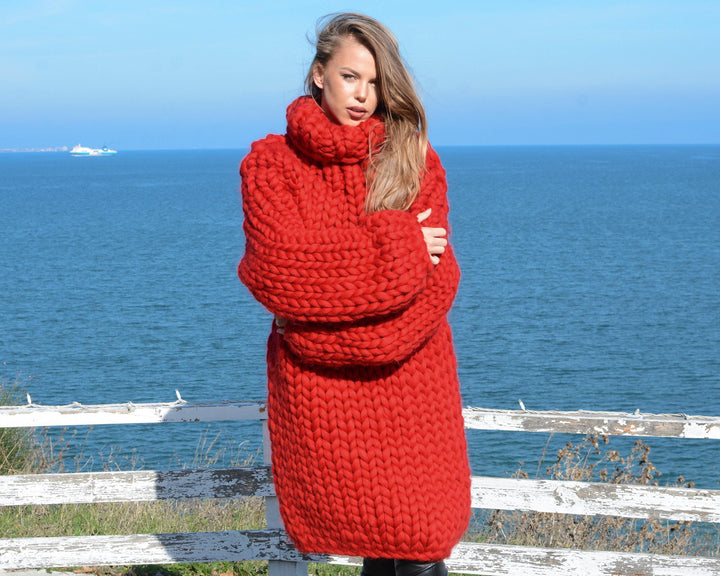 Chunky Knit Merino Sweater, Hand Knitted Super Bulky Wool Pullover T668W