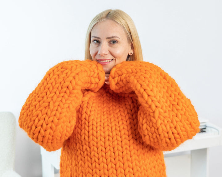 Oversized Merino Wool Sweater, Hand Knitted Chunky Crew Neck Pullover T1534