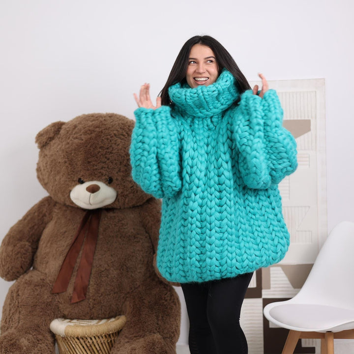 Merino Wool Sweater with 50 cm Turtleneck, Hand Knitted Chunky English Rib Pullover T1848