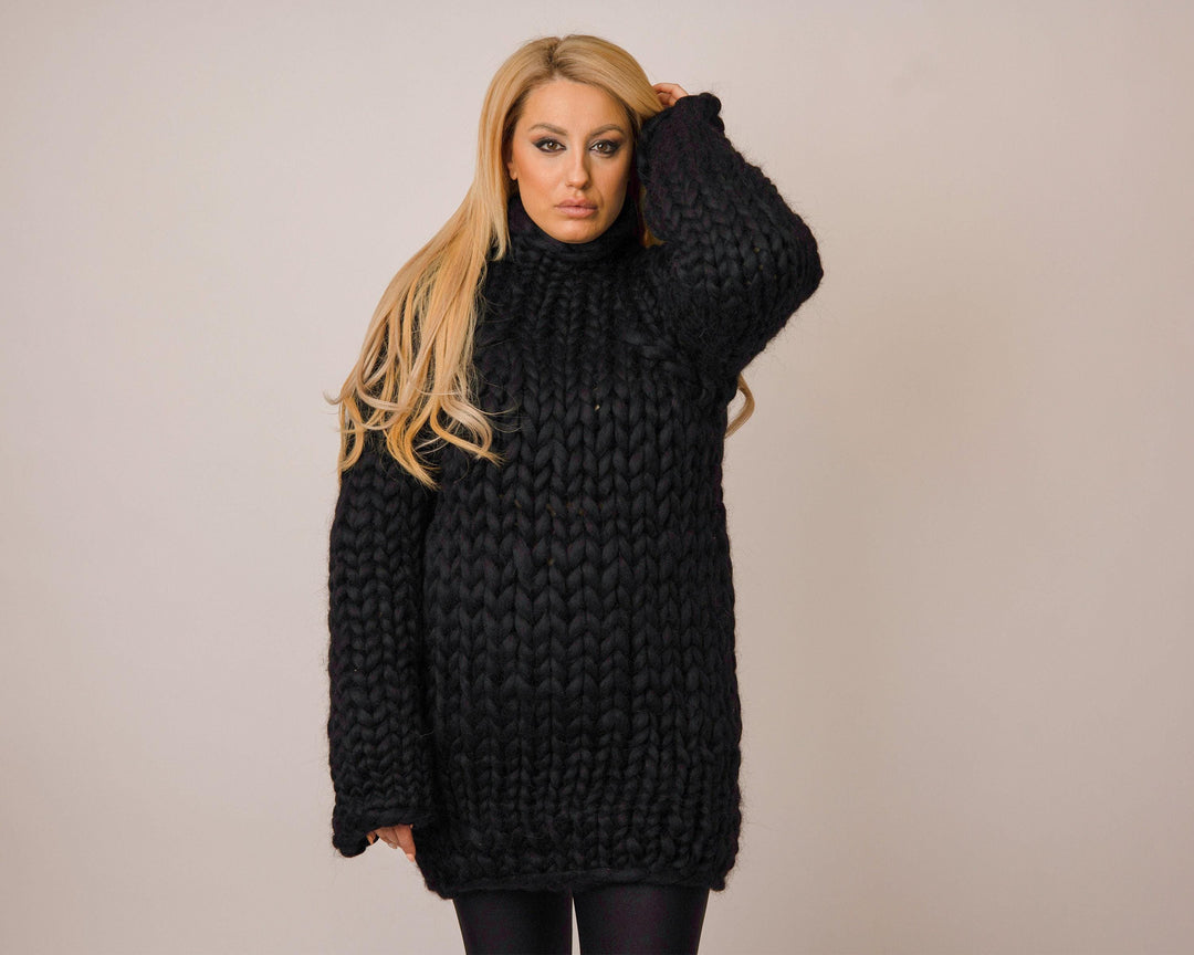 Black Merino Wool Sweater, Hand Knitted Super Chunky Giant Pullover T1073