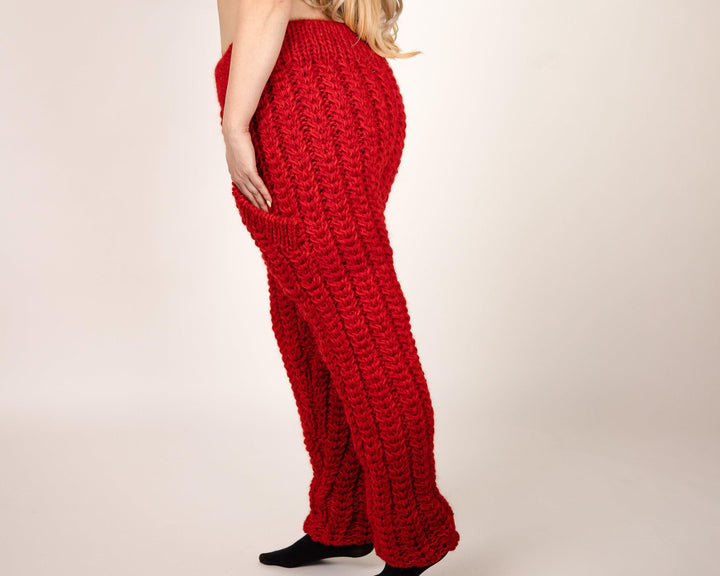 Red Wool Knit Pants, Hand Knitted 100% Wool Joggers for Women T1072