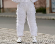 Weiße Mohair Strickhose, handgestrickte flauschig weiche Hose T1404