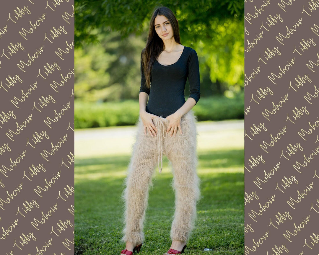 Hand Knitted Beige Mohair Fuzzy Pants, Fluffy Trousers T88