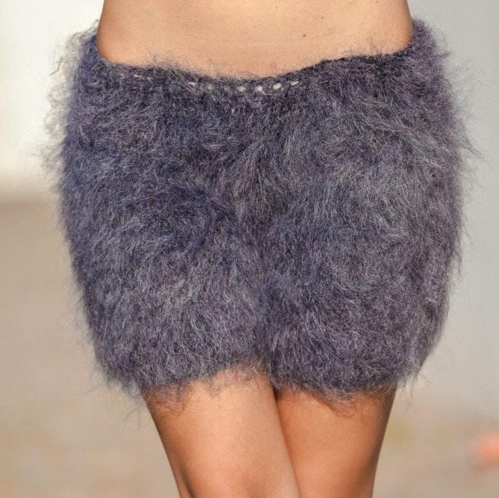 Gray Mohair Knit Shorts – Hand Knitted Fluffy Boxers, Soft Fuzzy Lounge Pants T403