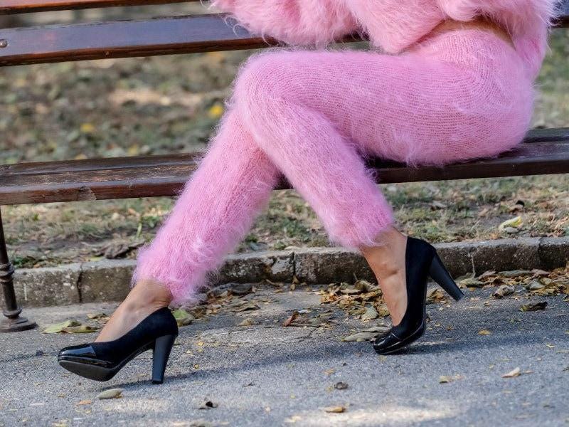 Pink Mohair Knit Pants, Hand Knitted Fluffy Fuzzy Thick Mohair Trousers T359