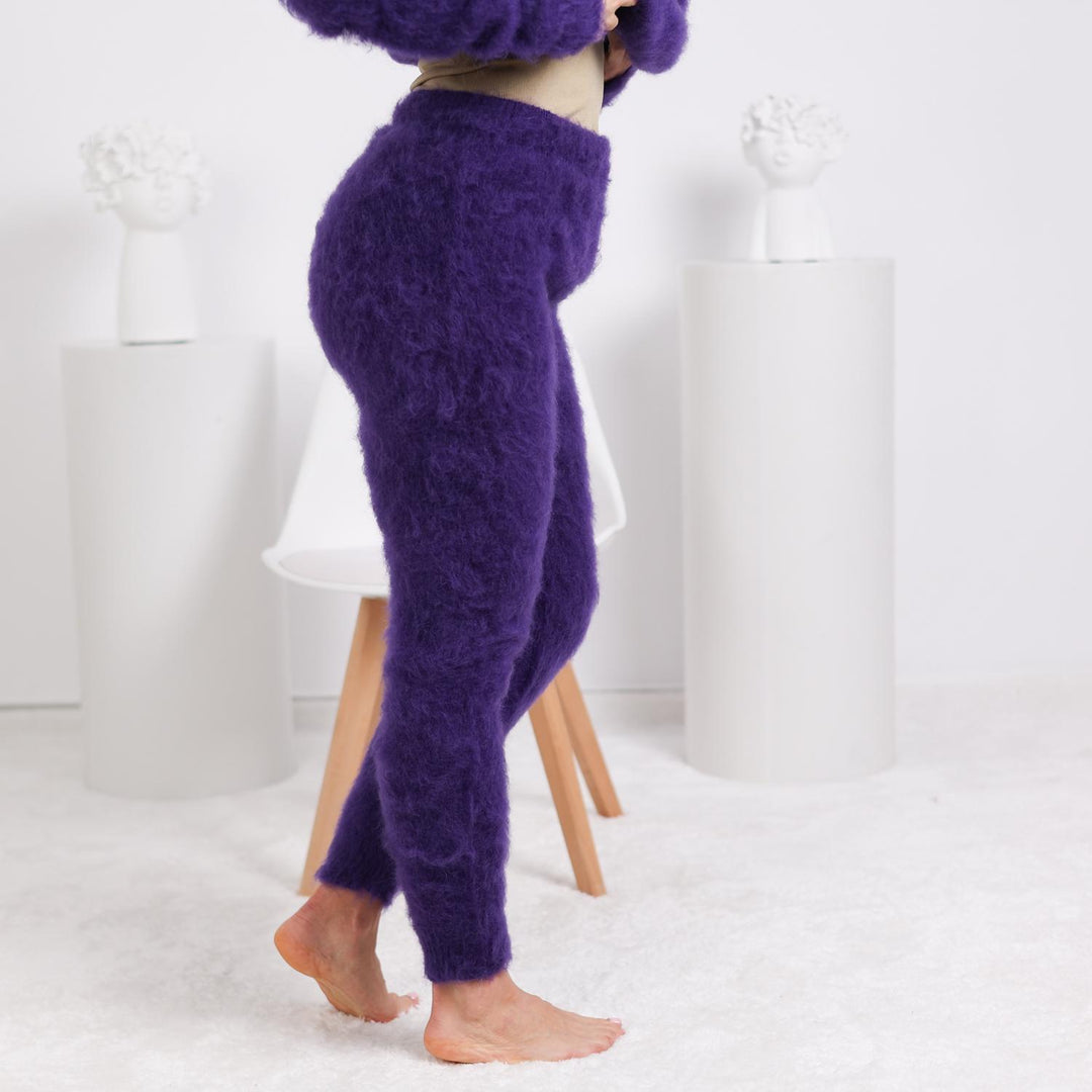 Dark Purple Mohair Pants – Hand Knitted Fluffy Wool Trousers T1815