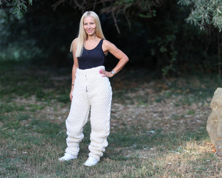 Chunky Wool Knit Pants, Hand Knitted Raw Itchy Wool Joggers for Women T1473