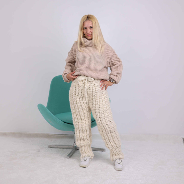 Hand Knitted Alpaca and Wool Rib Pants, Cozy  Lounge Trousers T1872