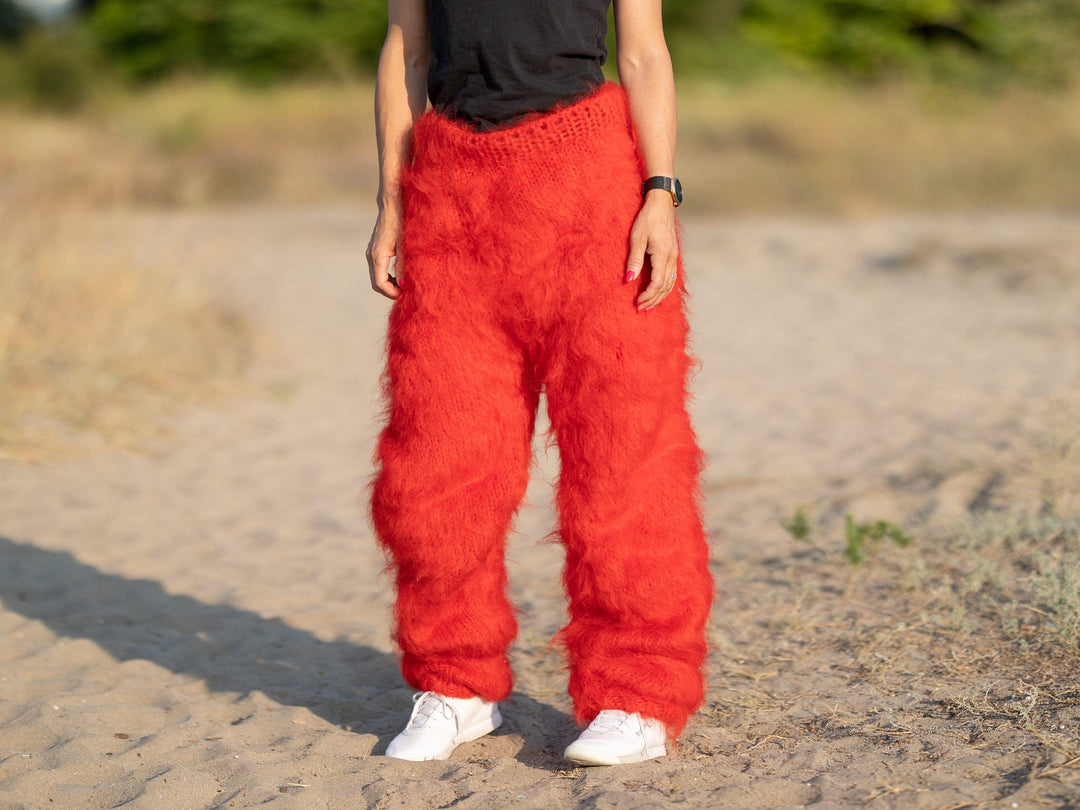 Red Mohair Knit Pants, Hand Knitted Fluffy Soft Trousers T1233