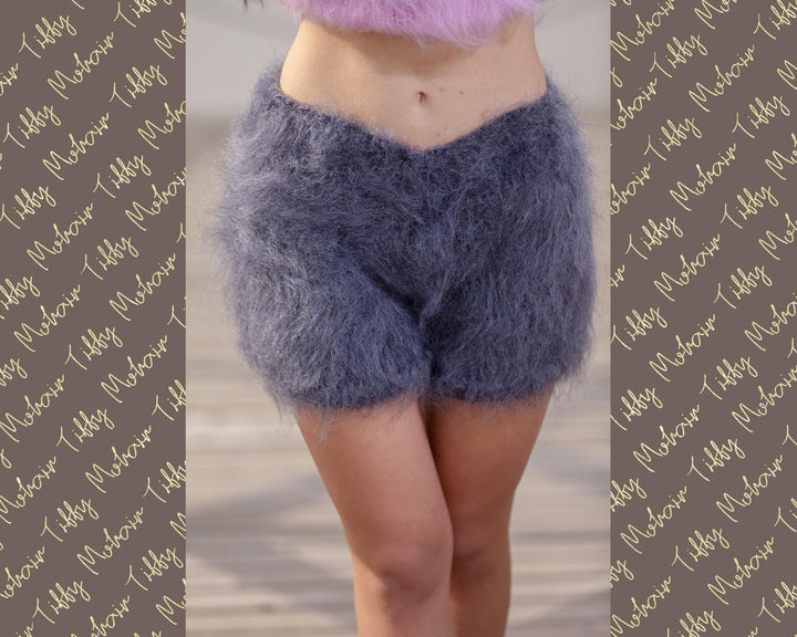 Gray Mohair Knit Shorts – Hand Knitted Fluffy Boxers, Soft Fuzzy Underwear T449