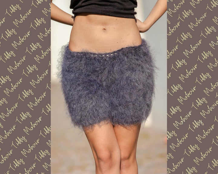 Gray Mohair Knit Shorts – Hand Knitted Fluffy Boxers, Soft Fuzzy Lounge Pants T403