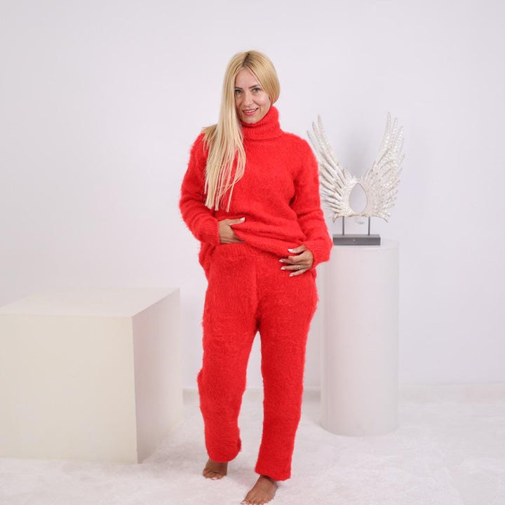 Fluffy Alpaca Knit Pants – Hand Knitted Fuzzy Lounge Trousers T1922