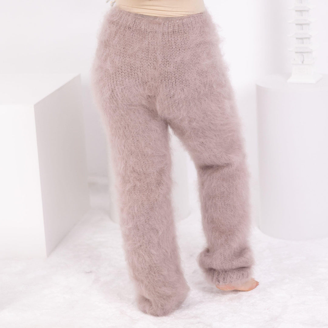 Beige Mohair Knit Pants – Hand Knitted Fuzzy Trousers T1594