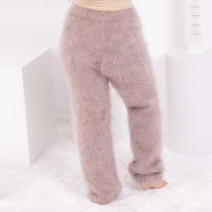 Beige Mohair Knit Pants – Hand Knitted Fuzzy Trousers T1594