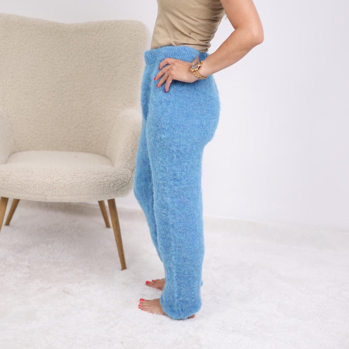 Blue Alpaca Knit Pants – Hand Knitted Fluffy Lounge Trousers T1907