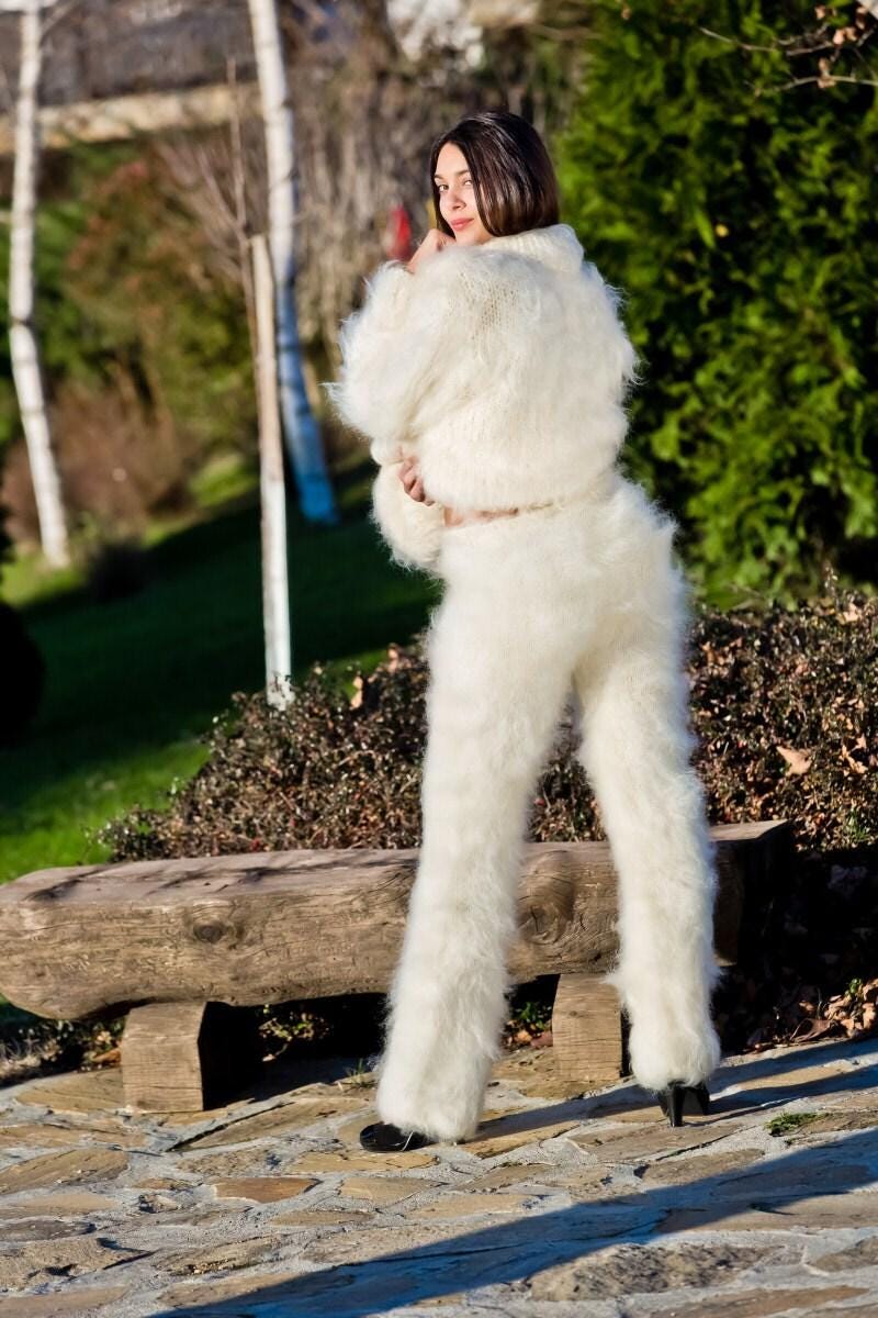 Ivory Mohair Knit Pants, Hand Knitted Fluffy Fuzzy Thick Mohair Trousers T231