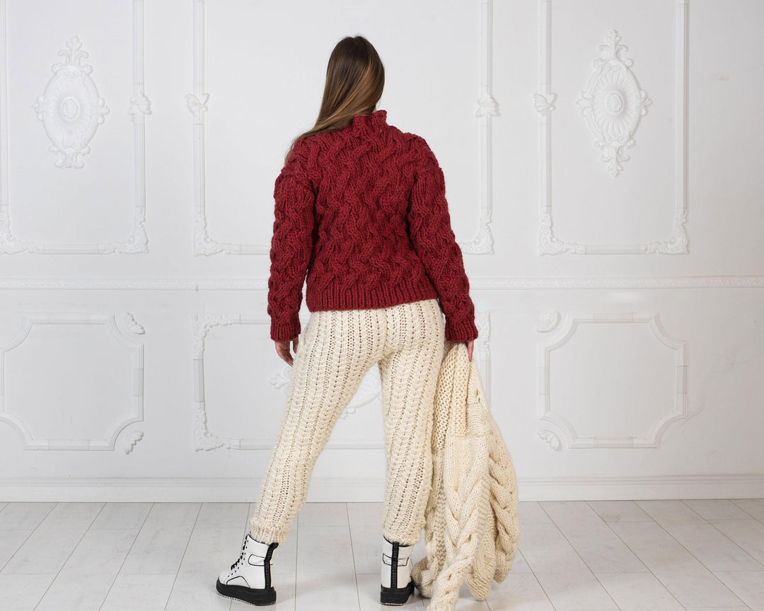 Cream Wool Knit Pants, Hand Knitted 100% Wool Joggers for Women T973