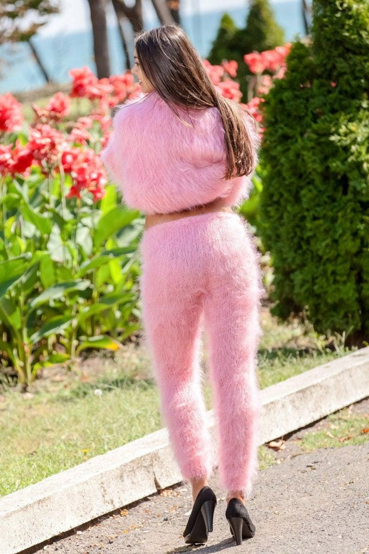 Pink Mohair Knit Pants, Hand Knitted Fluffy Fuzzy Thick Mohair Trousers T359