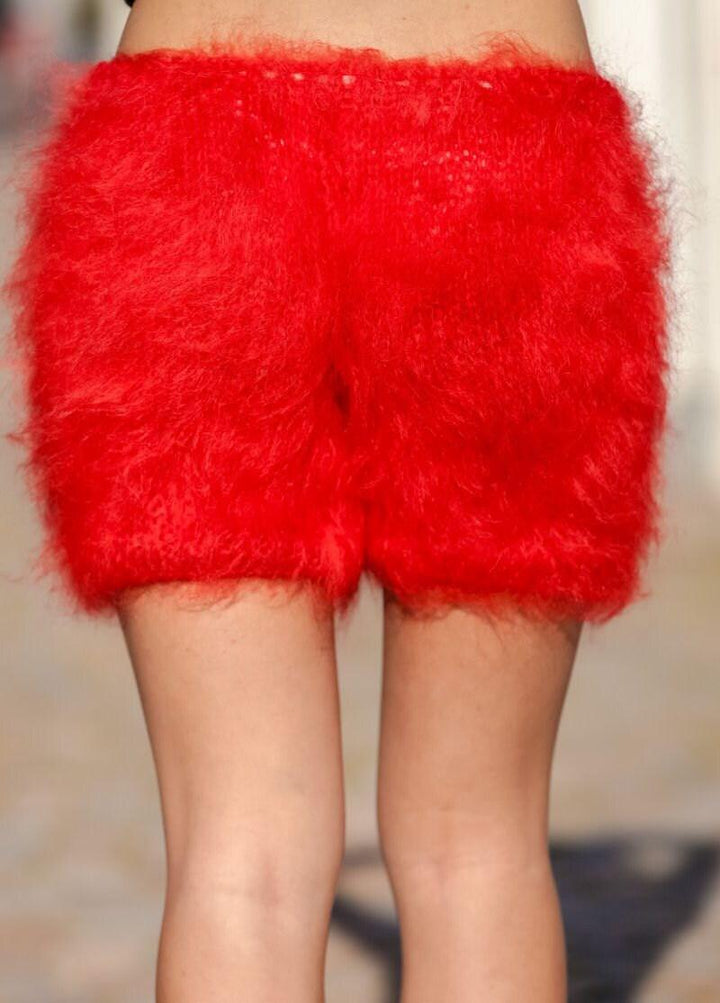 Red Mohair Knit Shorts – Hand Knitted Fluffy Boxers, Soft Fuzzy Underwear T409
