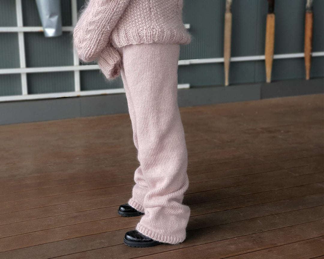 Beige Mohair Knit Pants, Hand Knitted Fluffy Fuzzy Thick Mohair Trousers T944