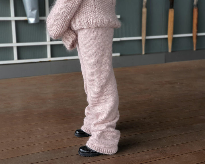 Beige Mohair Knit Pants, Hand Knitted Fluffy Fuzzy Thick Mohair Trousers T944