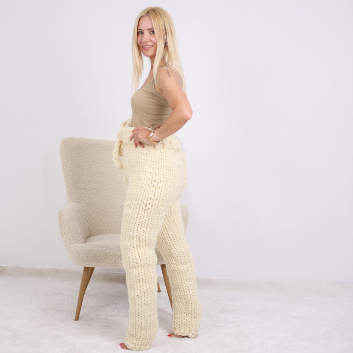 Chunky Merino Wool Pants, Hand Knitted Roving Trousers with Belt T1910