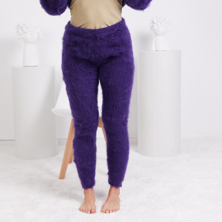 Dark Purple Mohair Pants – Hand Knitted Fluffy Wool Trousers T1815