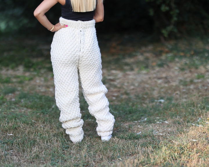 Chunky Wool Knit Pants, Hand Knitted Raw Itchy Wool Joggers for Women T1473