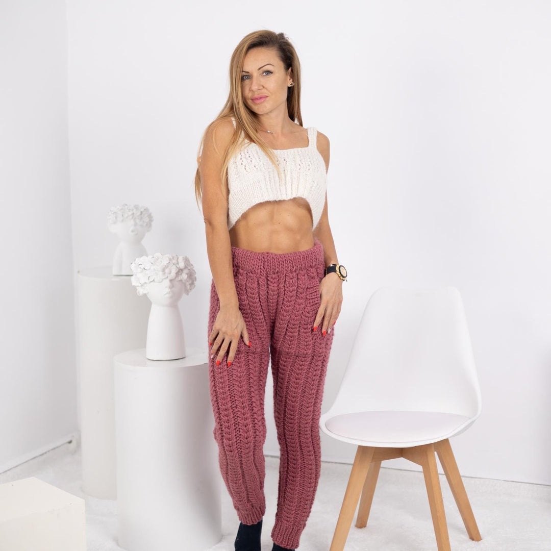 Pink Wool Knit Pants – Hand Knitted Women's Wool Joggers T1756