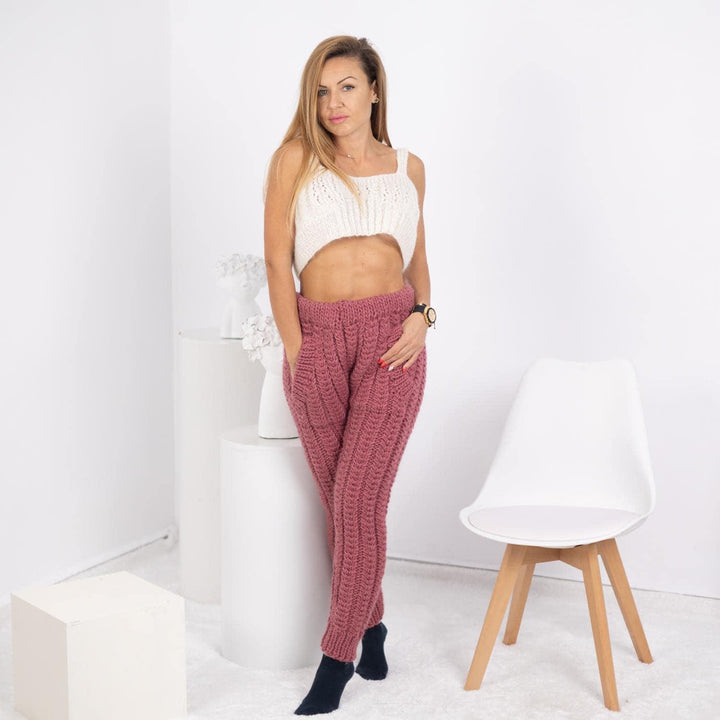 Pink Wool Knit Pants – Hand Knitted Women's Wool Joggers T1756