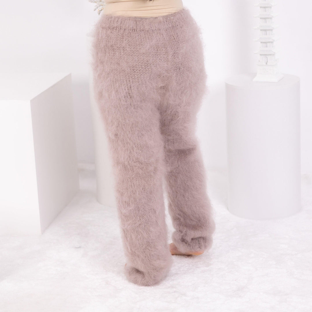 Beige Mohair Knit Pants – Hand Knitted Fuzzy Trousers T1594