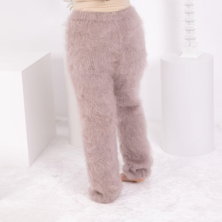 Beige Mohair Knit Pants – Hand Knitted Fuzzy Trousers T1594