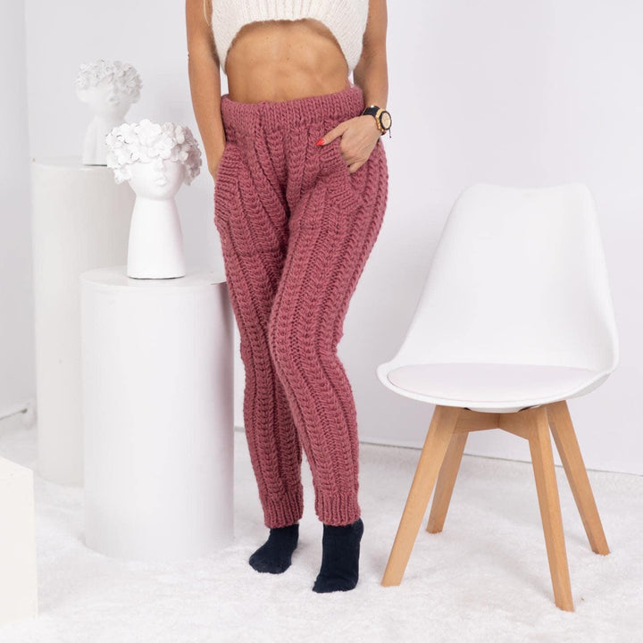 Pink Wool Knit Pants – Hand Knitted Women's Wool Joggers T1756