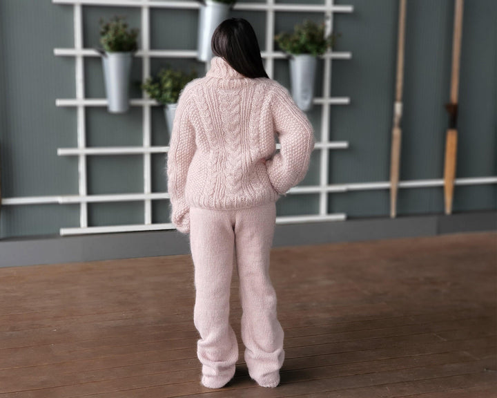 Beige Mohair Knit Pants, Hand Knitted Fluffy Fuzzy Thick Mohair Trousers T944