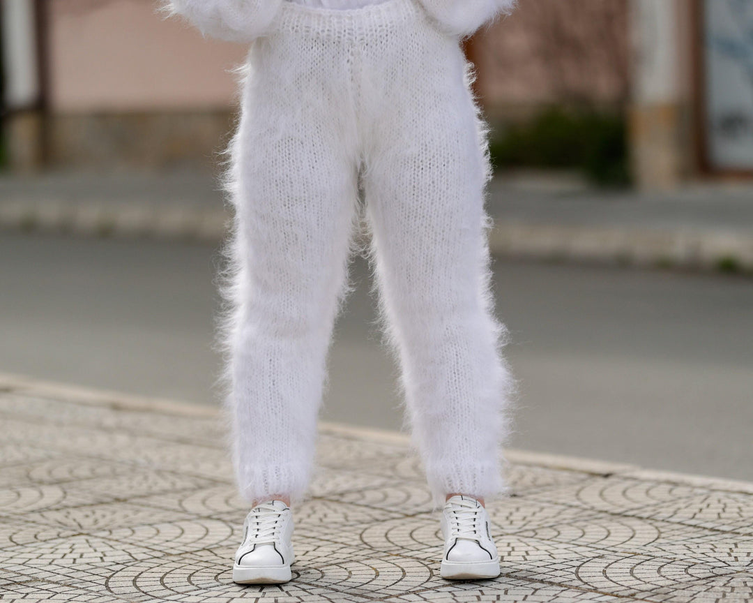 White Mohair Knit Pants, Hand Knitted Fluffy Soft Trousers T1404