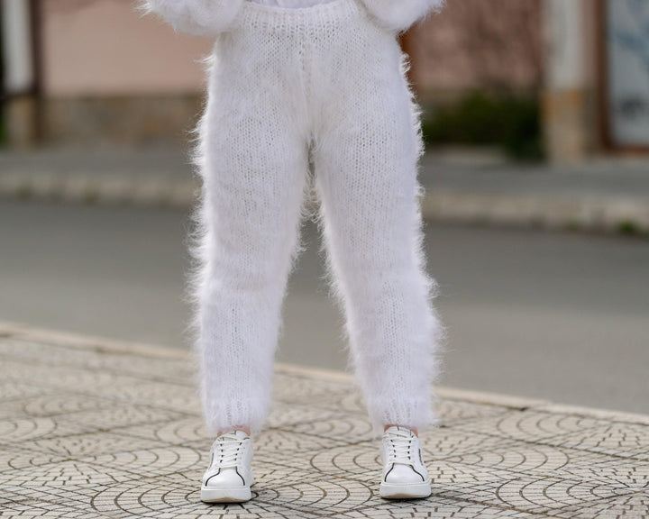 White Mohair Knit Pants, Hand Knitted Fluffy Soft Trousers T1404