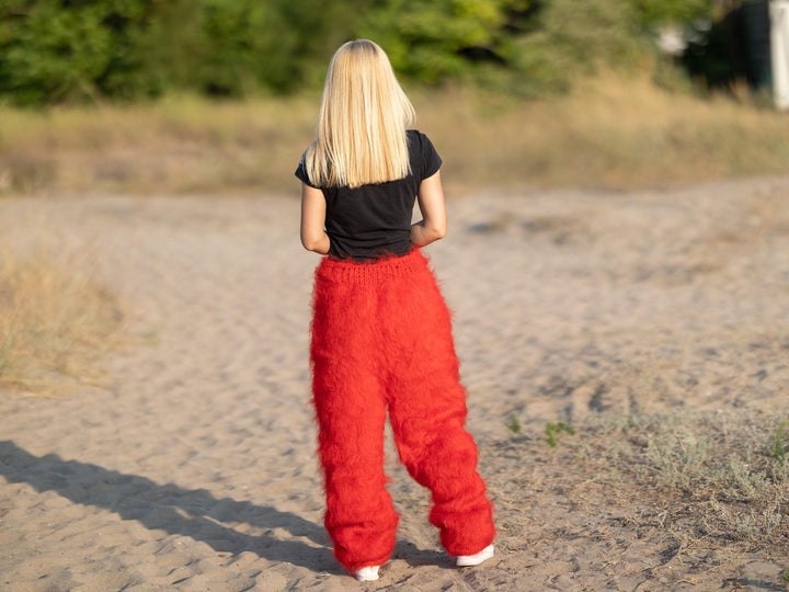 Red Mohair Knit Pants, Hand Knitted Fluffy Soft Trousers T1233