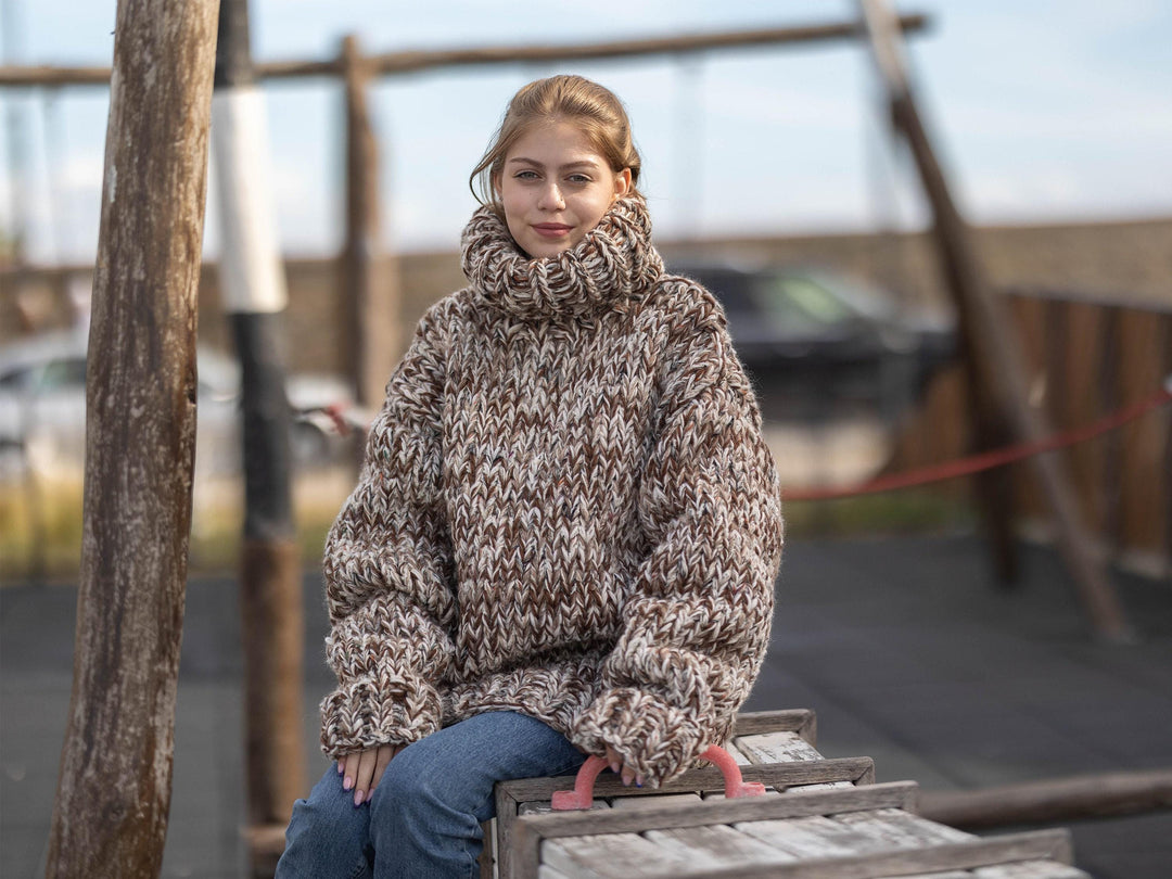 Yak Merino Alpaca Wool Sweater, Hand Knitted Natural Fiber Pullover T1281