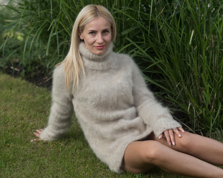 Italian Mohair Yak Alpaca Merino Sweater, Hand Knitted 5-Strand Fluffy Pullover T851