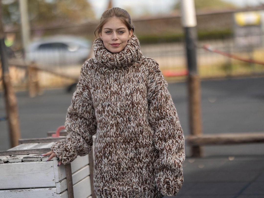 Yak Merino Alpaca Wool Sweater, Hand Knitted Natural Fiber Pullover T1281