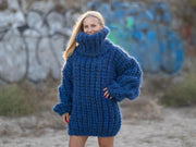 Grober Blauer Mohair Alpaka Merino Pullover, Handgestrickter 10-fädiger Pullover T1250