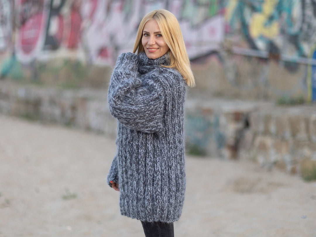 Gray Mohair Wool Ribbed Sweater, Hand Knitted Oversized Chunky Pullover T1081