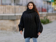 Dicker schwarzer Mohair-Wollpullover, handgestrickter 8-fädiger Pullover T1058