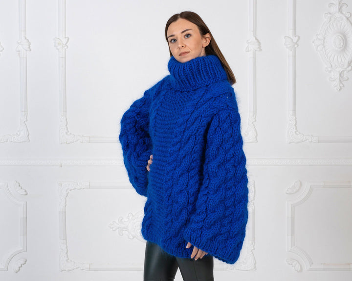 Blue Mohair Wool Sweater, Hand Knitted Cable Pullover with Wide Sleeves T985W