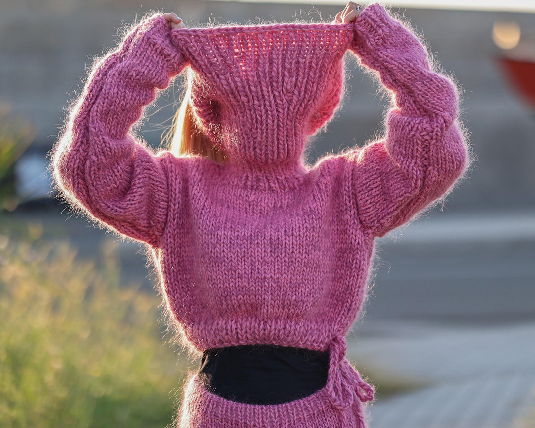 Cropped Pink Mohair Wool Sweater with Wide Neck, Hand Knitted Short Pullover T1483