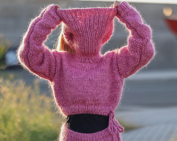 Cropped Pink Mohair Wool Sweater with Wide Neck, Hand Knitted Short Pullover T1483