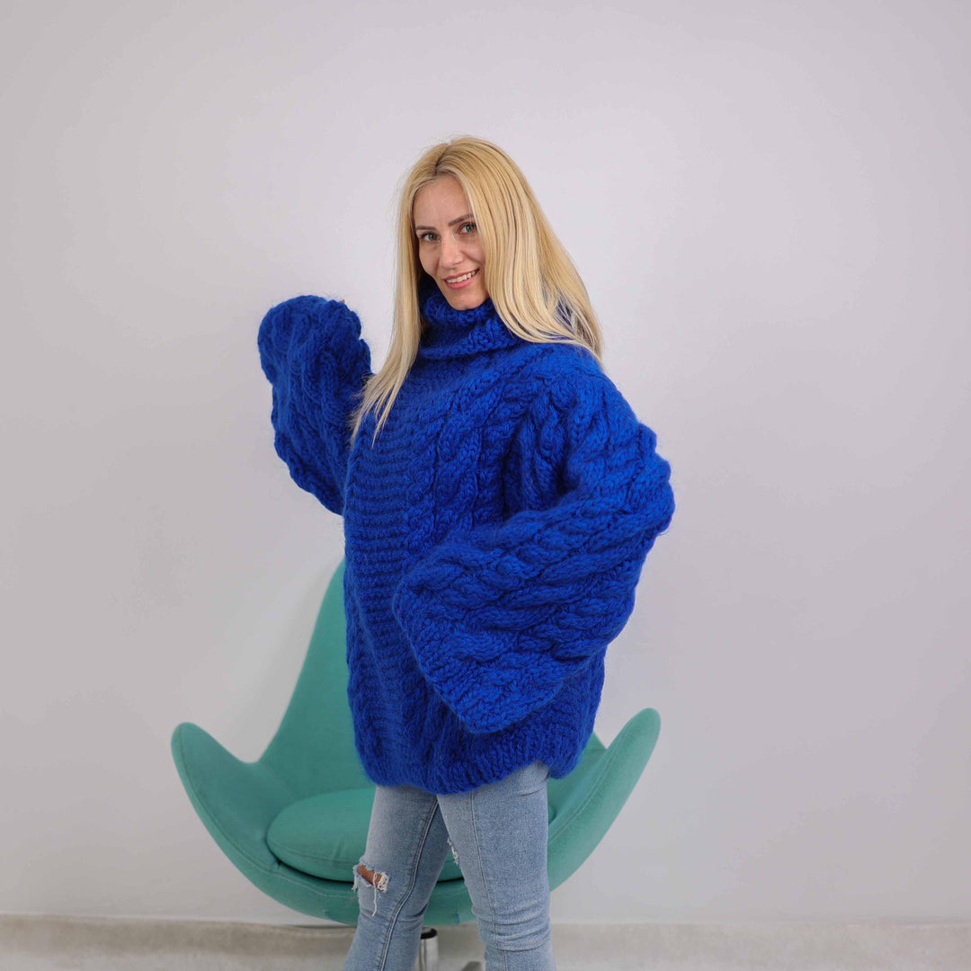 Blue Mohair Wool Sweater, Hand Knitted Cable Pullover with Wide Sleeves T1882