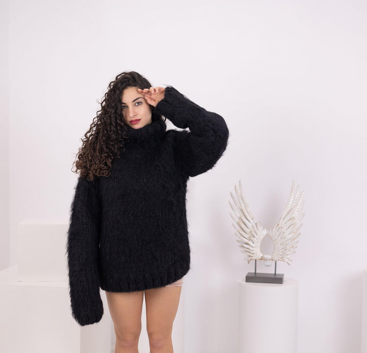 Black Mohair Wool Sweater, Hand Knitted 6-Strand Chunky Oversized Pullover T1548