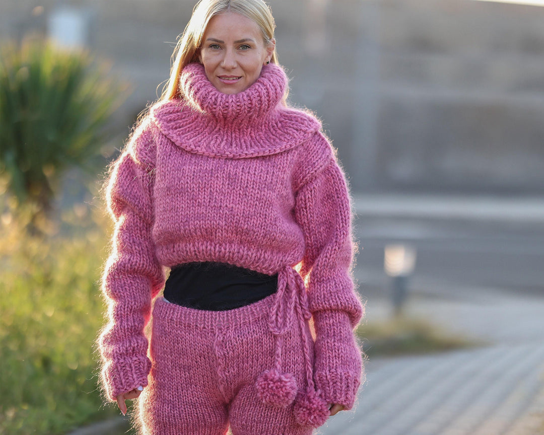 Cropped Pink Mohair Wool Sweater with Wide Neck, Hand Knitted Short Pullover T1483