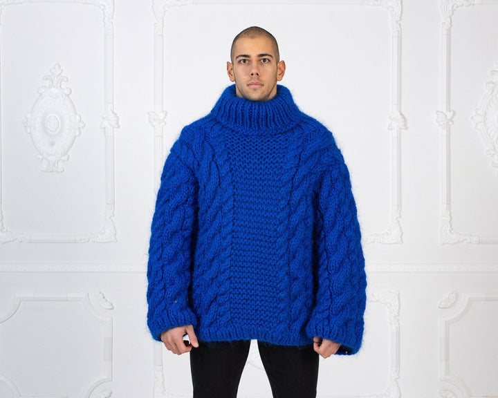 Blue Mohair Wool Sweater, Hand Knitted Cable Pullover with Wide Sleeves T985W